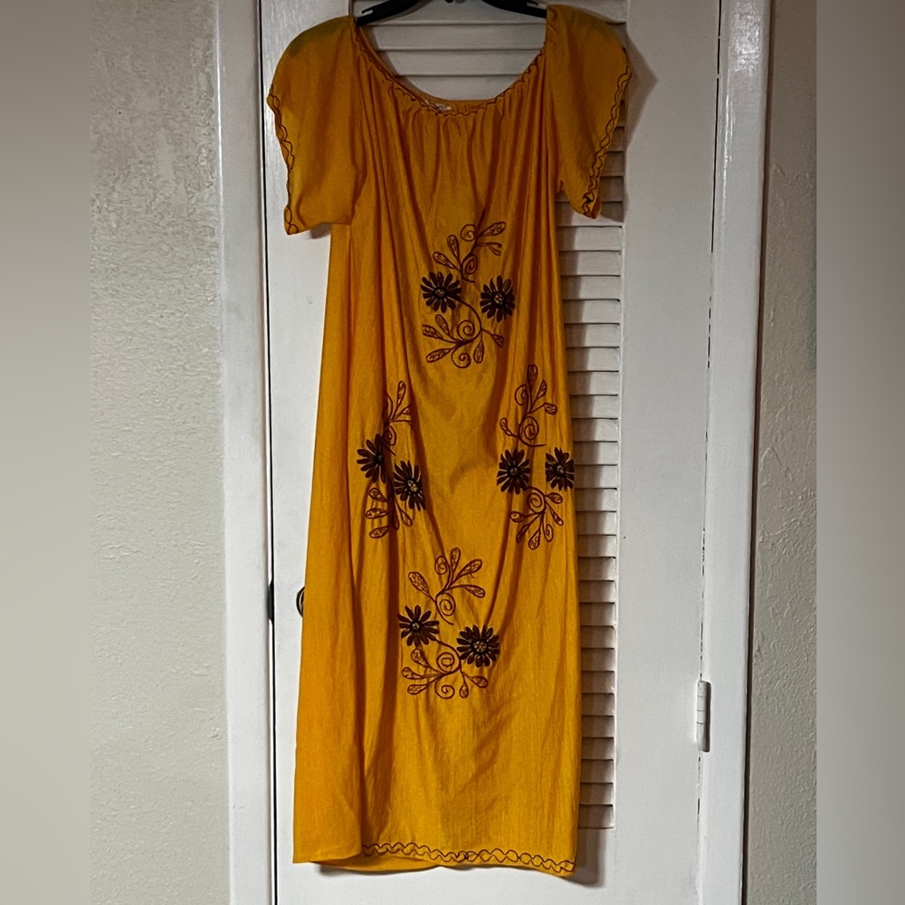 Tejidos Marisol Golden Yellow Floral Embroidered Ecuadorian Dress
